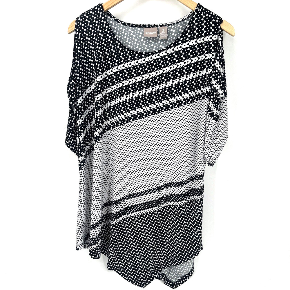 Chico's Tunic Top Womens Large Black White Cold Shoulder Shirt Asymmetrical Hem